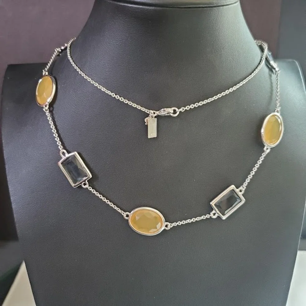 Kate Spade New York Silver Tone Yellow and Gray Stone Station Long Necklace